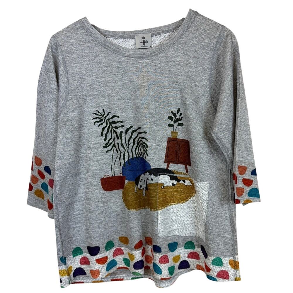NWT Inoah Heather Gray Dog Print Polka Dot Cuff Tunic Top M